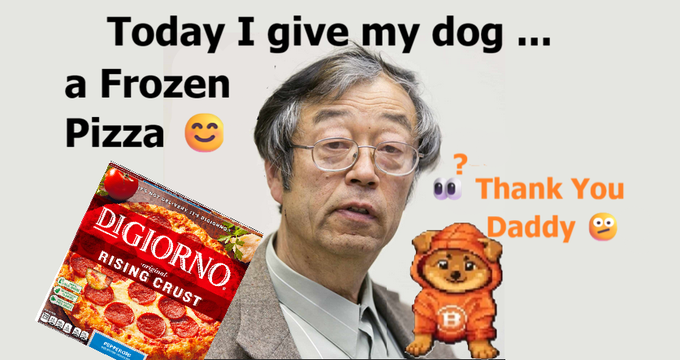 A meme-style image featuring a man (appearing to be a crypto personality) with a DiGiorno Rising Crust frozen pizza on the left and a cartoon dog in a dog-themed hoodie with "Thank You Daddy" text on the right, captioned "Today I give my dog ... a Frozen Pizza" — playfully referencing the $DOGE memecoin's nod to Bitcoin's famous "Bitcoin Pizza Day" while tying frozen pizza to the Doge/crypto community.