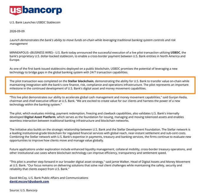 U.S. Bancorp press release dated September 9, 2026, announcing the successful launch of its USBDC stablecoin and highlighting (boxed) the completion of a live pilot transaction on the Stellar blockchain ($XLM), enabling cross-border payments between U.S. Bank entities in North America and Europe while maintaining integration with its core banking infrastructure.