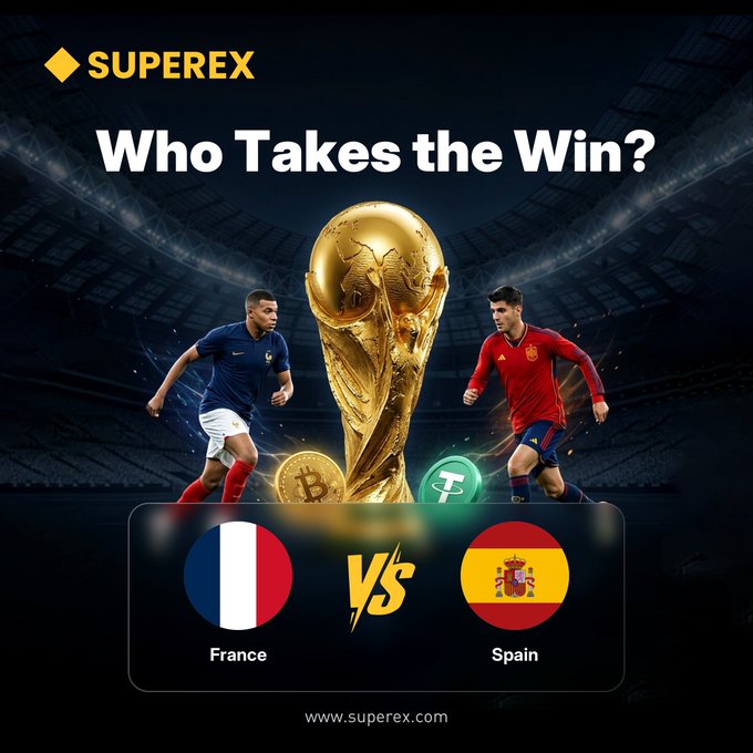 A promotional graphic from SUPREX with the text 'Who Takes the Win?' featuring a FIFA World Cup trophy between two soccer players, with flags of France and Spain and cryptocurrency logos (Bitcoin and Tether) below.