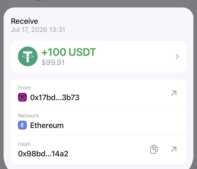 A cryptocurrency wallet screen shows a received transaction of '+100 USDT' ($99.91) on the Ethereum network dated Jul 17, 2026, sent from address 0x17bd...3b73 with hash 0x98bd...14a2.