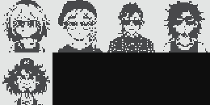 A pixelated black and white graphic depicting five stylized character portraits arranged above a black rectangular block.