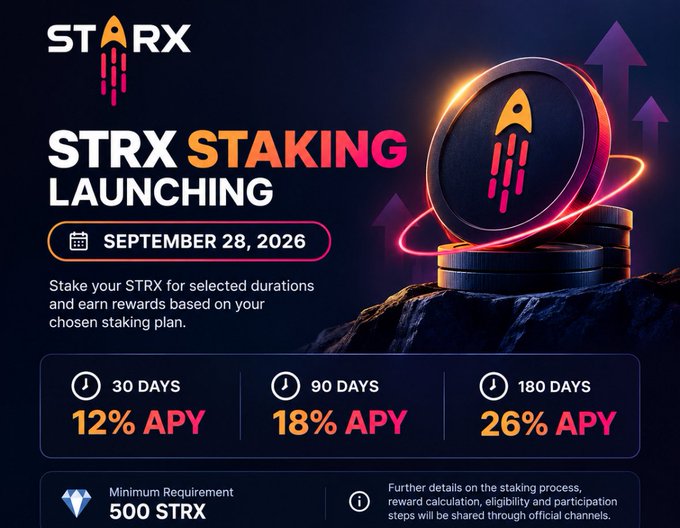 A crypto advertisement announcing 'STRX STAKING LAUNCHING' on September 28, 2026, offering APYs of 12%, 18%, and 26% for 30, 90, and 180-day plans with a 500 STRX minimum requirement.