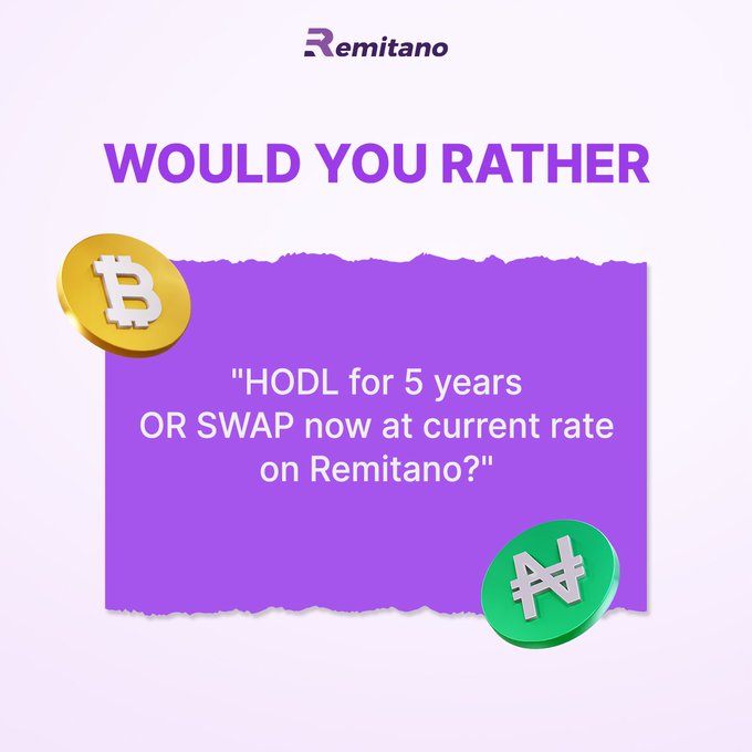 Remitano promotional graphic asking 'WOULD YOU RATHER' between HODLing Bitcoin for 5 years or swapping at the current rate, featuring BTC and BNB coin icons.