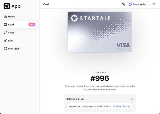 A screenshot of the Startale App's Card waitlist page shows a silver Startale Visa Platinum card above a user's waitlist rank of #996, with 5 referred sign-ups and a referral link. The image visually confirms the poster's claim about joining the waitlist and securing their rank, tying directly to the announcement of this crypto-linked Visa Platinum card.