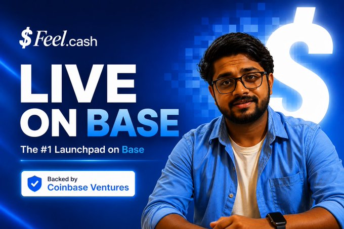 A promotional graphic for '$Feel.cash' announces 'LIVE ON BASE' as 'The #1 Launchpad on Base', Backed by Coinbase Ventures, featuring a man in a blue shirt against a blue background with a dollar sign.