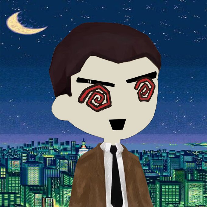 A digital illustration of a wide-eyed man in a suit and tie with hypnotic spiral eyes, set against a nighttime city skyline with a crescent moon.