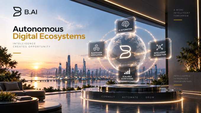 A futuristic promotional image for B.AI titled 'Autonomous Digital Ecosystems - Intelligence Creates Opportunity,' featuring a glowing holographic globe surrounded by icons labeled 'AI Automation,' 'Blockchain Verification,' 'Intelligent Interaction,' and 'Scalable Ecosystems' above the tagline 'Connect • Automate • Grow.'