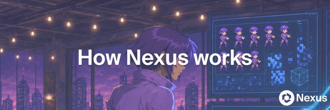 An anime-style gamer at a workstation with the overlay text "How Nexus works" appears alongside multiple sprite character designs on a monitor, visually reinforcing the post's message about Nexus serving as a streamlined workspace that consolidates game development assets like code, UI, and art into one place.