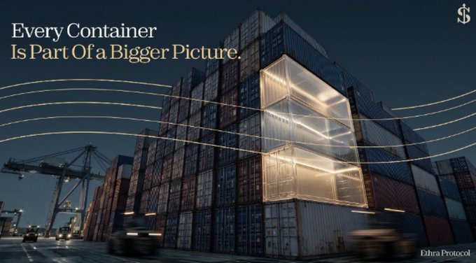 A dramatic nighttime image shows stacks of shipping containers at a port, with two containers glowing from within, illustrating the tagline "Every Container Is Part of a Bigger Picture." The Ethra Protocol logo appears alongside, visually reinforcing the post's discussion of $SHIP token supply distribution and controlled rollout.
