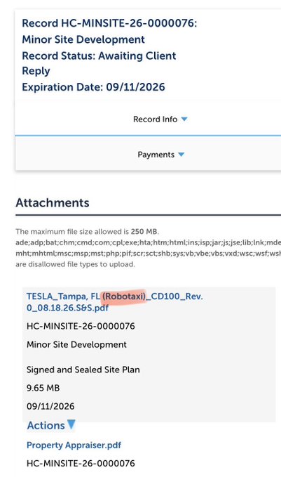 A digital record interface showing a permit 'HC-MINSITE-26-0000076' for 'Minor Site Development', expiring '09/11/2026', with an attachment titled 'TESLA_Tampa_FL_(Robotaxi)_CD100_Rev.0_08.18.26.S&S.pdf'.