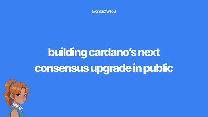 A blue graphic featuring an anime-style red-haired character with the text "building cardano's next consensus upgrade in public" and the handle "@omaofweb3" at the top, visually introducing the public development of Ouroboros Leios—a major Cardano consensus upgrade—through the Musashi Dojo testnet.