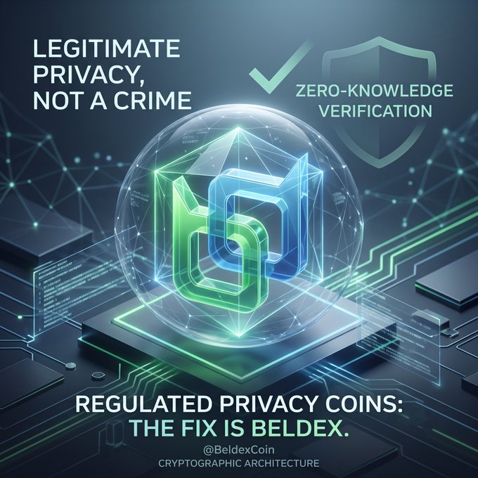A promotional graphic for BeldexCoin (@BeldexCoin) reading 'LEGITIMATE PRIVACY, NOT A CRIME' and 'REGULATED PRIVACY COINS: THE FIX IS BELDEX.', featuring a glowing green and blue cube logo with 'ZERO-KNOWLEDGE VERIFICATION'.