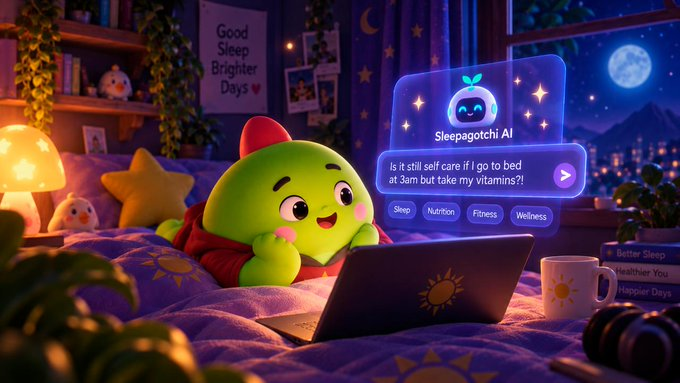 An AI-generated illustration of a cute green character using a 'Sleepagotchi AI' laptop in a cozy bedroom, with a chatbot interface asking 'is it still self care if I go to bed at 3am but take my vitamins?!' under a 'Good Sleep Brighter Days' poster.