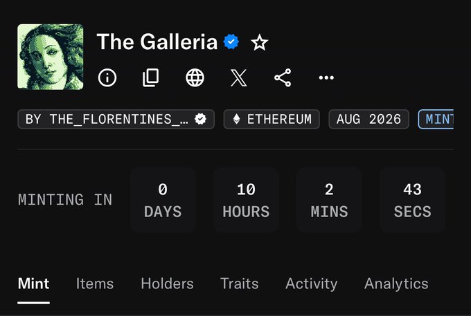 A countdown timer for "The Galleria" NFT collection shows minting begins in 0 days, 10 hours, 2 minutes, and 43 seconds on the Ethereum blockchain, scheduled for August 2026. The image, tagged as "MINT," relates to the user's announcement that they will be minting this collection by @cartyisme today, as the timer counts down to the launch.