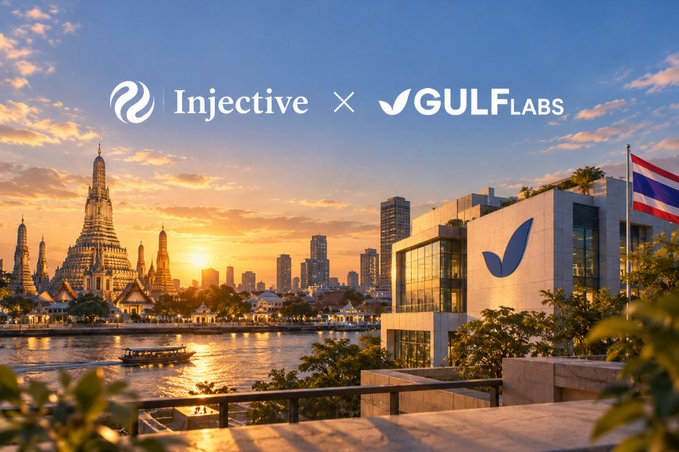 A promotional graphic showing 'Injective x GULF LABS' with logos, featuring a Bangkok sunset scene with the Temple of Dawn and a modern Gulf building with a Thai flag.