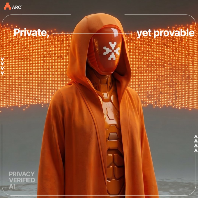 The image features an orange robot with a hooded head wearing a mask that has a white X on it. The robot appears to be standing against a backdrop of orange lights, creating a visually striking scene. The caption below the image reads "ARC is building toward something deeper than privacy. Not hidden systems. Trusted systems that never need to expose themselves. A policy is defined. #ANIMA executes. Every route, input, and output becomes encrypted. ZKURT seals the execution into a cryptographic commitment."