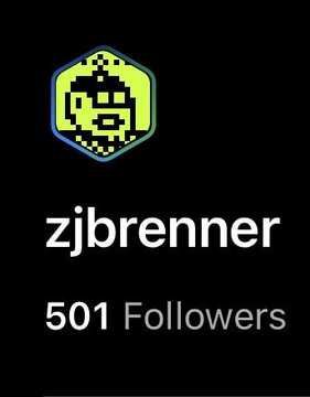 A profile card on a dark background showing a green pixelated alien icon for user 'zjbrenner' with '501 Followers' displayed beneath the username.