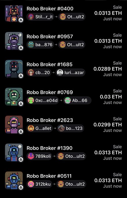 A list of recent "Robo Broker" NFT sales, showing transactions ranging from 0.0289 ETH to 0.0313 ETH involving various sellers (like Still...r_lt, ba...876, cb...20, 0xc...e04d, G...allet, 789koli, 312bku) and buyers (predominantly Ot...ult2, with some luri...azar, Ab...66, and bo...123). The image illustrates the context of the post: multiple low-priced sales of the Robo Broker collection happening "just now," reflecting the brisk trading activity the user capitalized on with their successful 24 bid fills at roughly 0.0014 ETH entry.