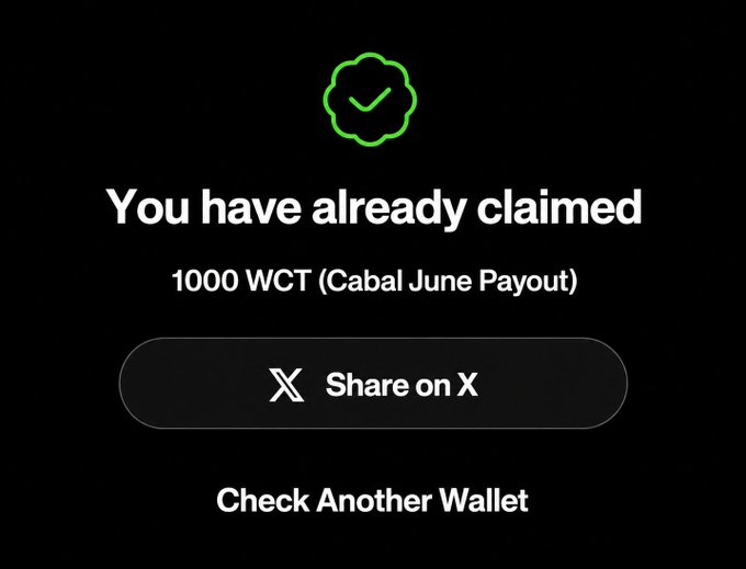 A screenshot confirming "You have already claimed 1000 WCT (Cabal June Payout)" with a "Share on X" button and "Check Another Wallet" link, verifying the poster's claimed receipt of a WalletConnect Creator Cabal Program payout.