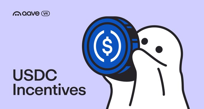 A promotional graphic for Aave V4 titled 'USDC Incentives,' featuring a white ghost-like mascot holding a large blue USDC coin against a light purple background.