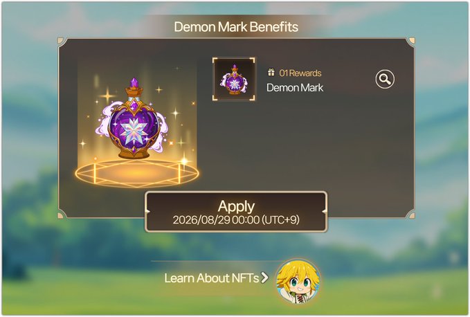 A video game interface titled 'Demon Mark Benefits' showing a glowing purple 'Demon Mark' NFT item available to apply on 2026/08/29 00:00 (UTC+9), with a 'Learn About NFTs' link and a cartoon character at the bottom.