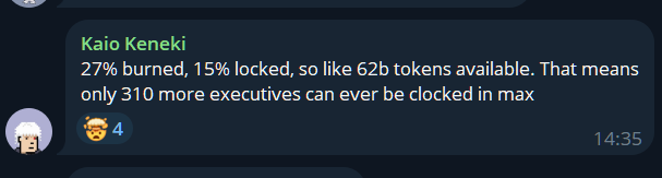 A Discord message from user 'Kaio Keneki' stating '27% burned, 15% locked, so like 62b tokens available. That means only 310 more executives can ever be clocked in max', sent at 14:35.