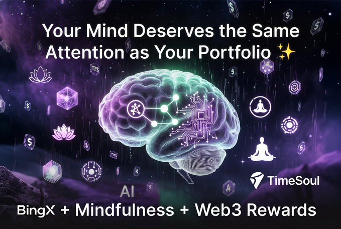 A promotional graphic for 'TimeSoul' featuring a glowing brain surrounded by crypto and meditation icons, with the text 'Your Mind Deserves the Same Attention as Your Portfolio ✨' and 'BingX + Mindfulness + Web3 Rewards'.