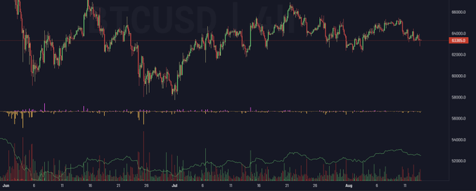 A candlestick chart displaying BTCUSD price action with volume indicators, showing price ranging roughly between 57,000 and 66,000 over June through August.
