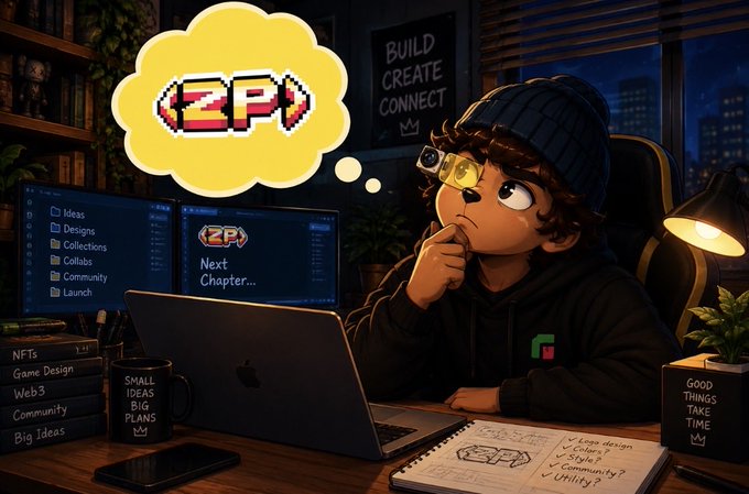 A cartoon developer wearing a beanie and hoodie sits thoughtfully at a laptop displaying the "ZPN" pixelated logo in a thought bubble, with a "Build Create Connect" sign and checklist (including "Long term," "Community?," and "Utility?") in the background, symbolizing the creative vision and behind-the-scenes planning behind the Zecpunks NFT project on $ZEC.