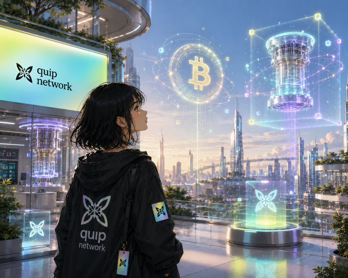 An anime-style illustration shows a figure in a black "quip network" hooded jacket looking at a futuristic cityscape featuring holographic displays, including a Bitcoin symbol and a glowing cylindrical structure.