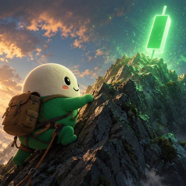 An adorable plush mascot of the PumpFun green character, wearing a hiking backpack, climbs a steep rocky mountain toward a glowing green candlestick chart at the peak, symbolizing the upward price momentum of $CUPSEY ("Go UPSEY") as traders bid the meme coin higher.