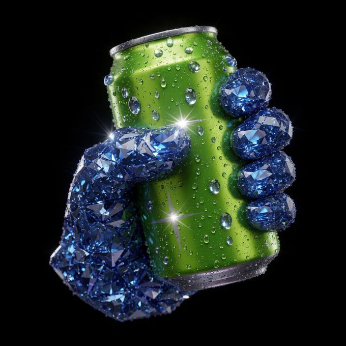 Digital art of a hand made of blue diamonds holding a green soda can covered in water droplets.