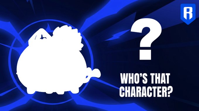 A silhouette of a round, fluffy character with a tail is displayed against a blue background alongside a large question mark and the text "WHO'S THAT CHARACTER?" in the lower right, prompting viewers to guess the character's identity.