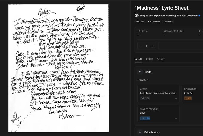 A handwritten lyric sheet titled "Madness" by Emily Lazer, displayed alongside an OpenSea NFT listing for "Emily Lazer - September Mourning: The Soul Collection" (ERC1155), showing 1.1 ETH floor price and 1.5% rarity traits, exemplifying how raw, personal songwriting becomes a collectible digital asset.