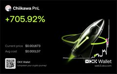 A promotional image for the PnL (Profit and Loss) indicator by OKX Wallet, showing a rocket with 'Chikawa PnL' and a gain of '+705.92%', along with current and average costs.