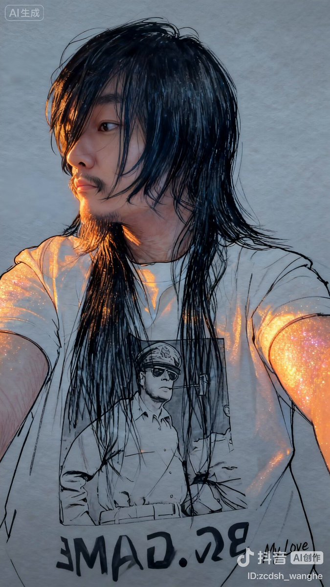The image features a man with long hair wearing a white t-shirt that has a picture of a person on it, along with the text "EMAAD.82". The photo appears to be taken by someone else, as indicated by the caption provided. The background is a plain gray color, which contrasts with the man's black hair and the white shirt he is wearing.