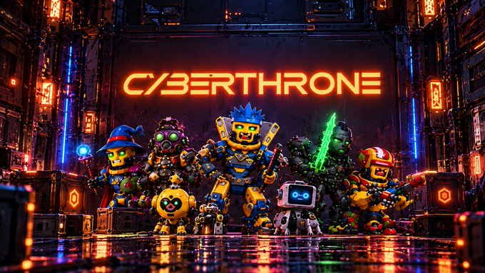 Digital artwork featuring the word "CYBERTHRONE" above a lineup of cyberpunk-styled LEGO minifigures.