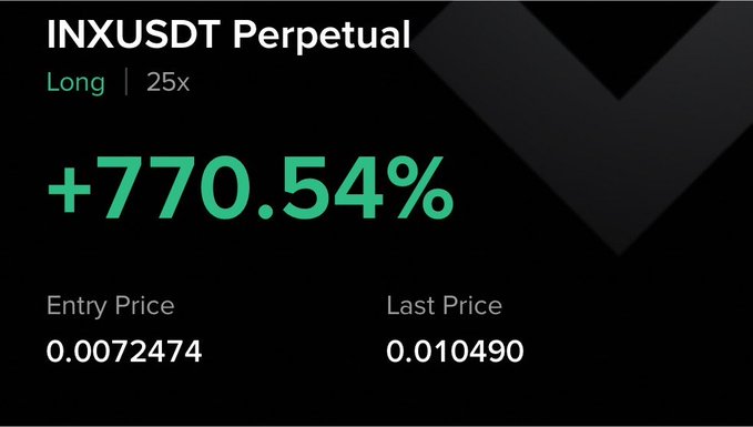 A trading screenshot showing a long INXUSDT Perpetual position with 25x leverage, displaying a +770.54% gain from an entry price of 0.0072474 to a last price of 0.010490. The image directly illustrates the post's claim of a 770% gain on $INX within 2 days.
