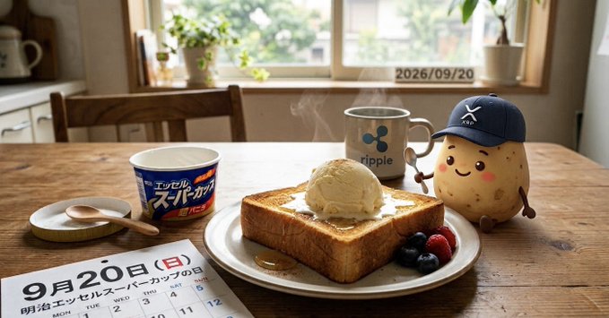A cozy breakfast scene features toast with ice cream and berries on a plate, a cup of Tippy coffee, and a cute potato mascot wearing a cap, with a calendar marked '9月20日(日)' and a date stamp '2026/09/20' in the background.
