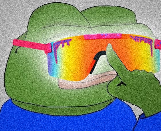 A cartoon Pepe the Frog wearing colorful, dripping pink and orange sunglasses, pointing at them with a green hand.