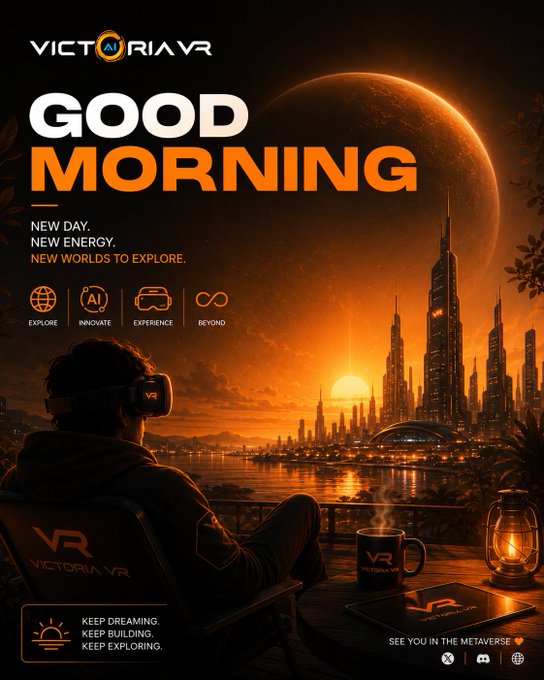 A person wearing a VR headset sits on a VictoriaVR-branded chair overlooking a futuristic orange-lit cityscape with a giant moon, alongside a coffee mug and lantern. The image features "VICTORIAVR" branding and the tagline "GOOD MORNING" with motivational text about exploring the metaverse, perfectly matching the post's theme of welcoming the VictoriaVR community to a new day of discovery.