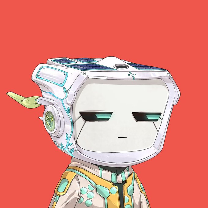 An anime-style illustration of a small white robot with a boxy head, teal accents, leaf-like ear decorations, and half-closed eyes against a red background.