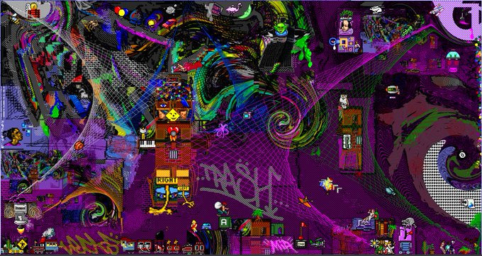 A chaotic, psychedelic digital collage dominates the image, featuring a swirling purple vortex background filled with pixelated icons, retro video game sprites, graffiti-style text, and surreal elements like a "RIGHT" sign and a melting yellow face. The composition aligns with the "Purple Pixels > Generational Trash" caption, evoking a nostalgic internet art aesthetic that blends 8-bit nostalgia with glitchy, avant-garde digital chaos.