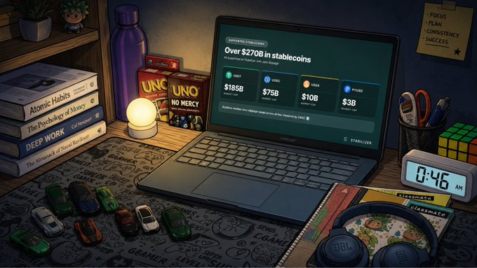 An illustrated cozy desk scene features a laptop displaying 'Over $270B in stablecoins' with USDC ($75B), USDS ($10B), and PYUSD ($3B) figures, surrounded by books, toy cars, and UNO cards.