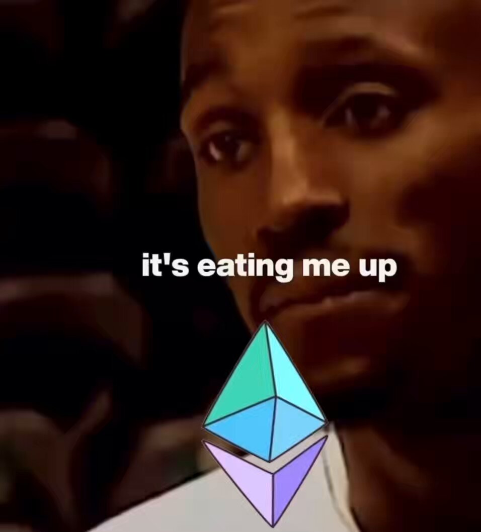 The image features a man with a serious expression, looking down at his phone screen. There are two texts displayed on the screen that read "It's eating me up" and "Buying $ETH", which seem to be related to an online transaction or discussion about cryptocurrency. The man appears to be engaged in some form of online activity, possibly discussing or making a purchase using Etherium.