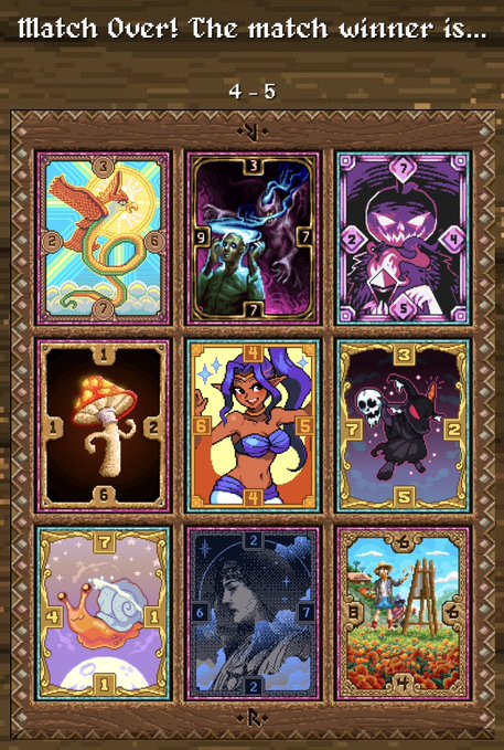 The image shows a "Match Over!" screen declaring the match winner with a score of 4-5, displaying a 3x3 grid of colorful rune cards featuring various fantasy-themed illustrations including mushrooms, a skeleton, a snail, and magical creatures. This appears to be the result screen for the Runes Rumble #2 tournament, with the winning player having scored 5 points against their opponent's 4 to claim the first-place prize of 150 RON and 3 card skins.