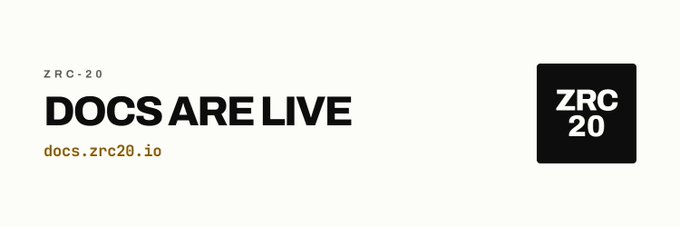 A promotional banner announces that ZRC-20 documentation is now live, featuring the bold text "ZRC-20 DOCS ARE LIVE" alongside the URL docs.zrc20.io and a black square logo with "ZRC 20" in white, visually reinforcing the post's announcement of the first native token standard on Zcash.