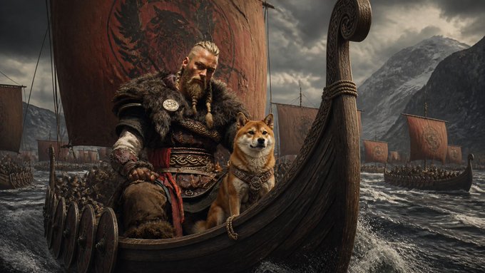 A Viking warrior with braided hair and beard, wearing fur armor, sitting in a longship alongside a Shiba Inu dog, with a fleet of Viking ships sailing in stormy seas in the background.