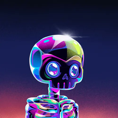 Colorful digital art of a holographic skull with large glowing eyes and a rainbow-shaded cranium set against a dark background.