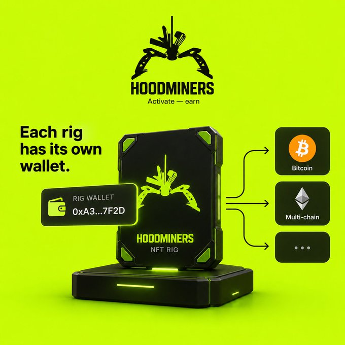 An advertisement for HOOMINERS with a green background, showing an 'NFT RIG' device that connects to a 'RIG WALLET' and mines Bitcoin or other multi-chain cryptocurrencies.